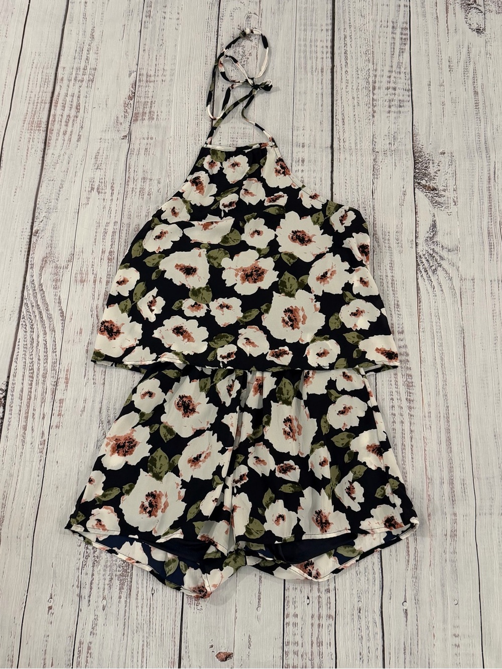 NWT Peach Love California Size M Black Floral Halter Peplum Romper  MADE IN USA